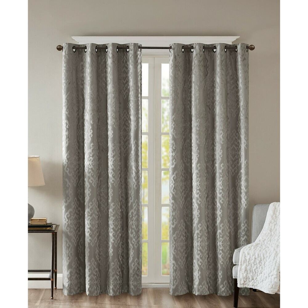 Sunsmart PAIR 50" X 84" Curtain Panel Mirage Damask Total Blackout Charcoal NEW